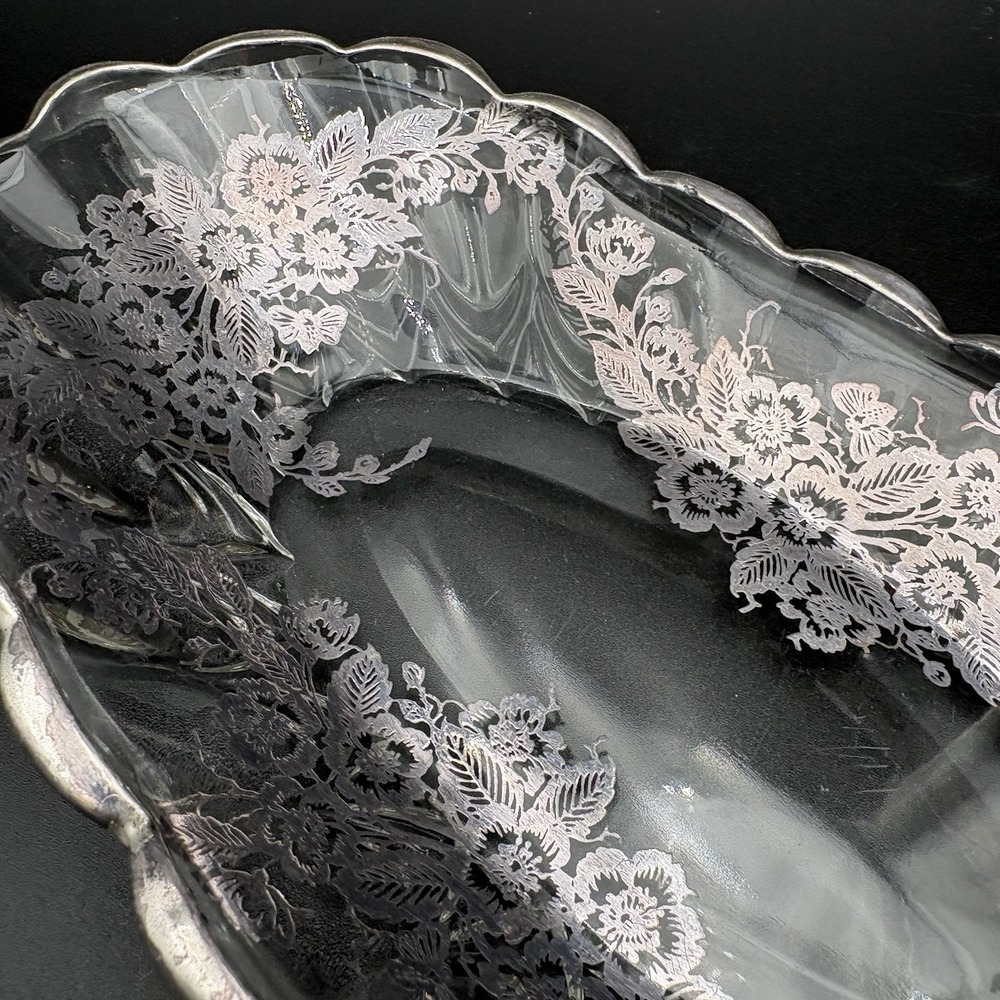 Set Silver City Glass Flanders Poppy Divided Relish & 11" Oval Dish Silver Leaf - Picture 10 of 14